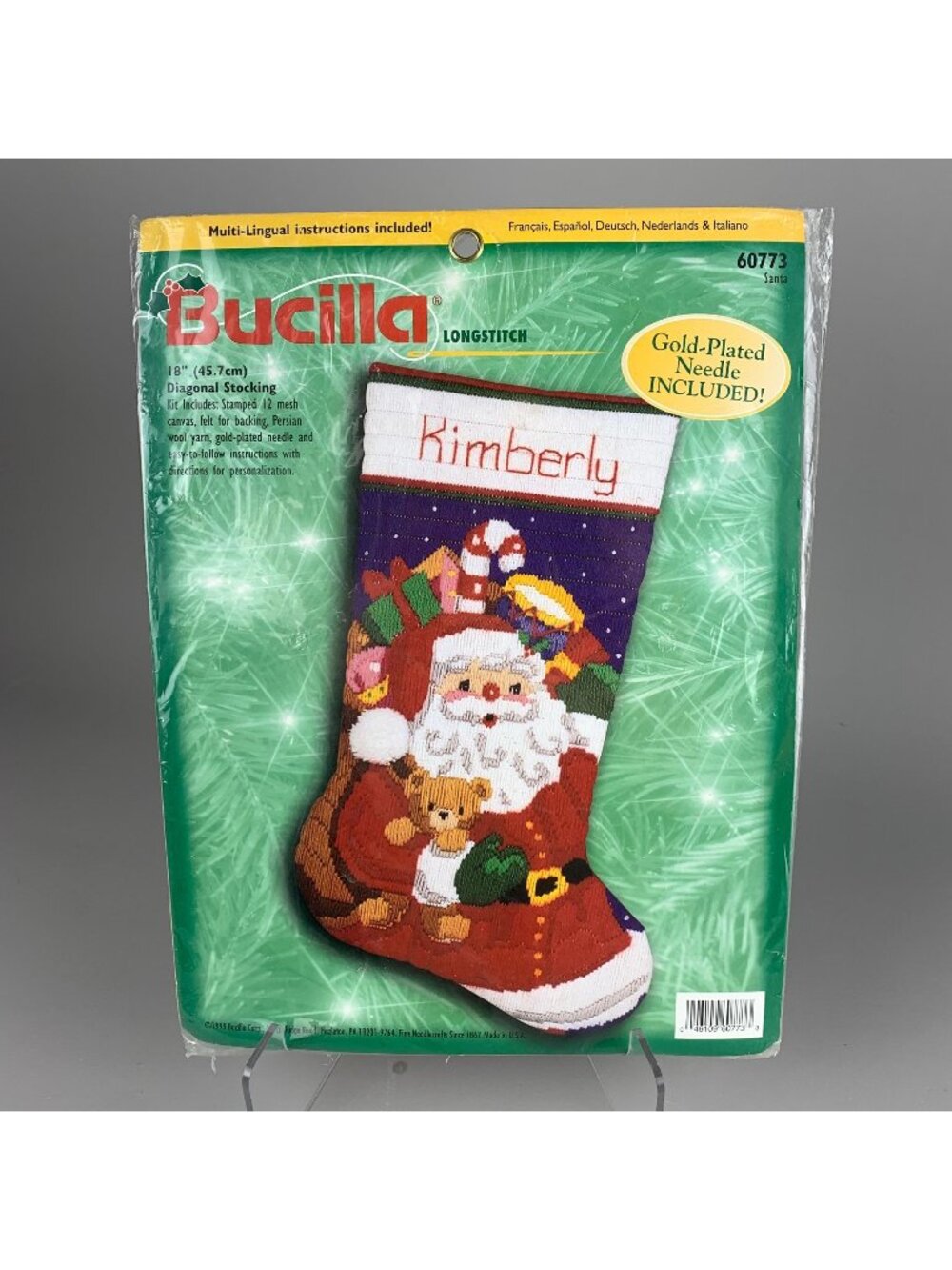 Bucilla 60773 Santa & Teddy Bear Longstitch Needlepoint Stocking Kit 18 in Vtg